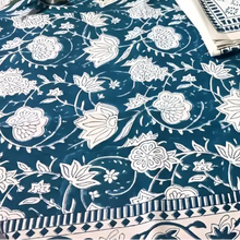 Teal floral hand block printed cotton tablecloth with napkins and plates by Mehera Shaw