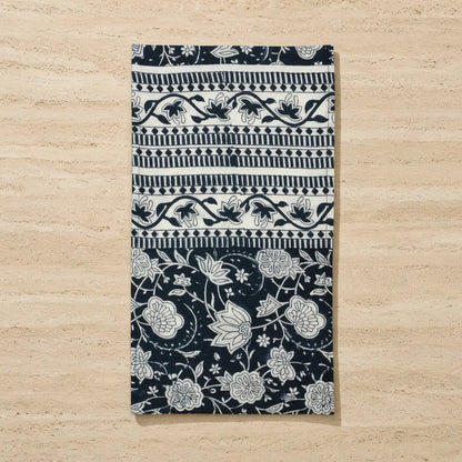 Hand block printed black and white cotton hand towel with intricate floral and geometric designs using azo-free dyes