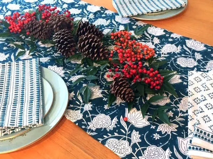 Fair trade hand block printed pinecone and berry table runner for festive decor