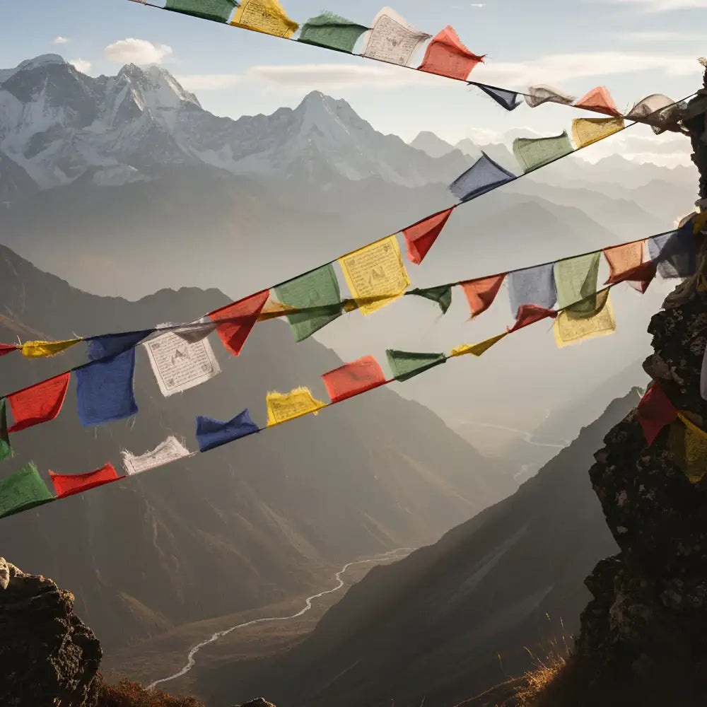 Colorful hand block printed tibetan prayer flag strand fluttering against snow capped mountains backdrop