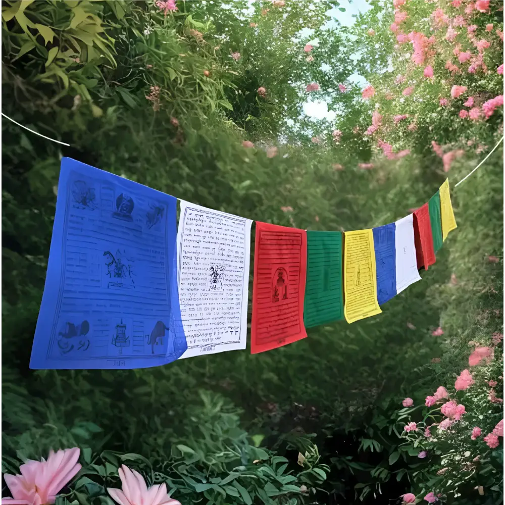 Hand block printed tibetan prayer flag strand in vibrant blue white red green yellow and indigo with sacred script designs