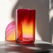 Hand blown Arco glass tumbler in red-to-orange gradient, 8 inches tall