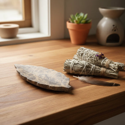 Handmade soapstone leaf soap dish on a counter next to smudge wands