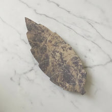 Handmade soapstone leaf dish soap dish with dried bay leaf design and natural brown and tan veining patterns