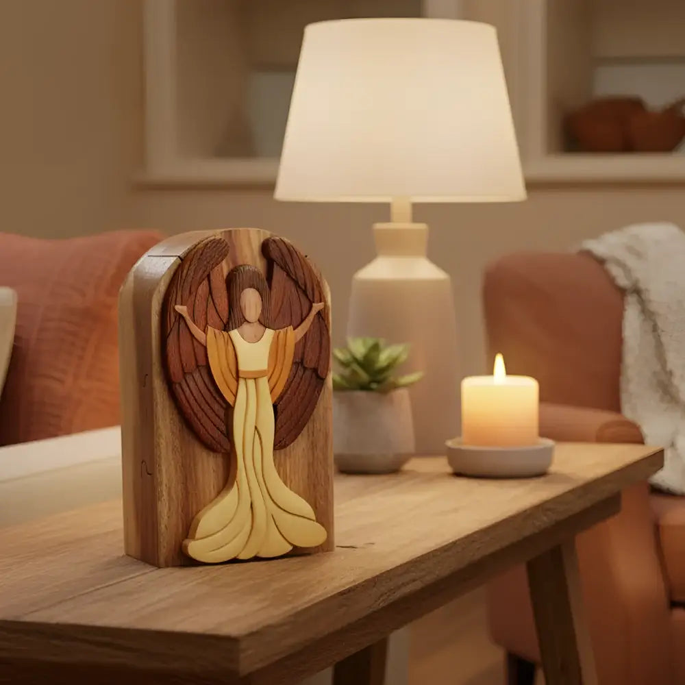 Hand carved wooden joyful angel figurine with layered wings and secret compartment for gift cards in natural wood tone