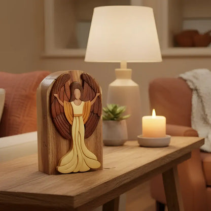 Hand carved wooden joyful angel figurine with layered wings and secret compartment for gift cards in natural wood tone