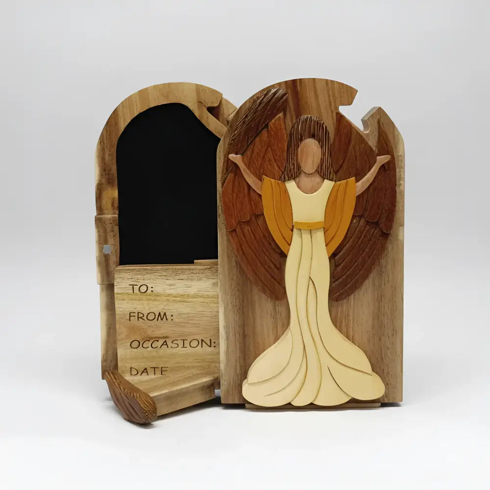 Hand-carved wooden joyful angel box in natural tones with secret compartment for gift cards and keepsakes