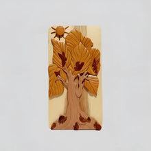 Hand-carved wooden tree box with autumn leaves and birds featuring a secret compartment for gift cards