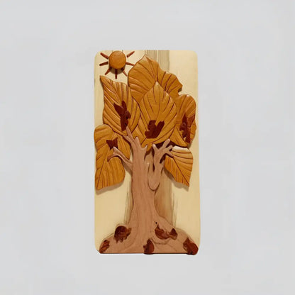 Hand-carved wooden tree box with autumn leaves and birds featuring a secret compartment for gift cards