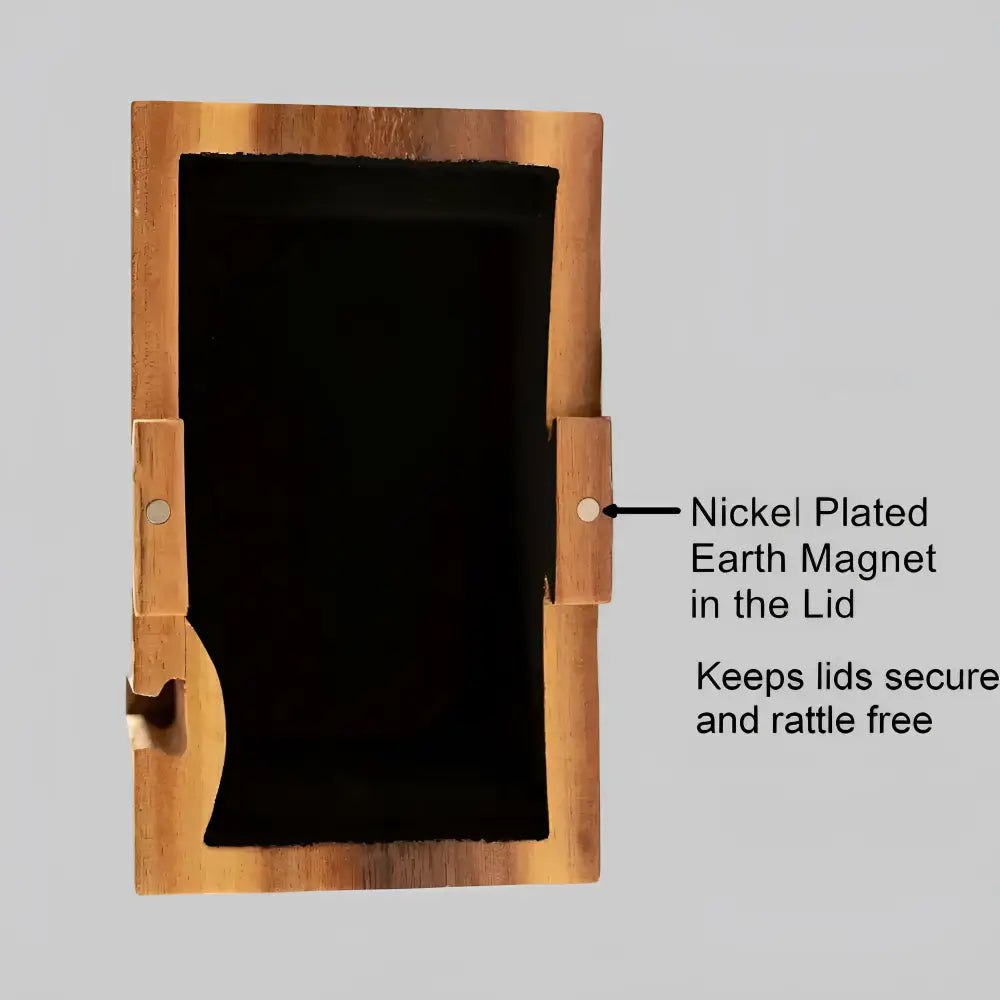 Hand carved wooden tree box with natural wood finish and black interior lining featuring a hidden compartment