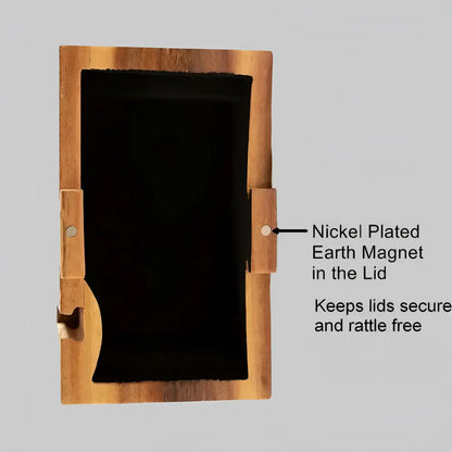 Hand carved wooden tree box with natural wood finish and black interior lining featuring a hidden compartment
