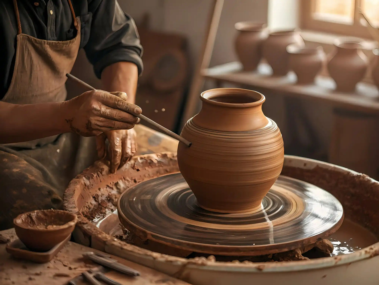 Hand-crafted earthenware pot on a pottery wheel.