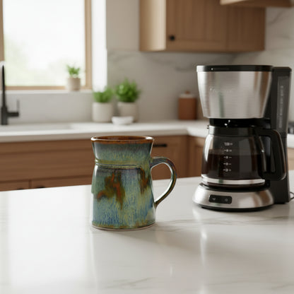 Handcrafted pottery flare mug in green, blue, and brown with a unique tapered shape and northern light vibes