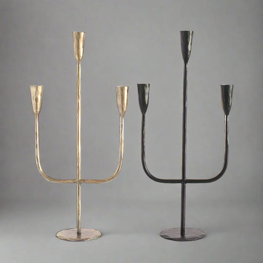Two hand-forged iron candelabras, gold and black, by expert blacksmiths for premium feel decor