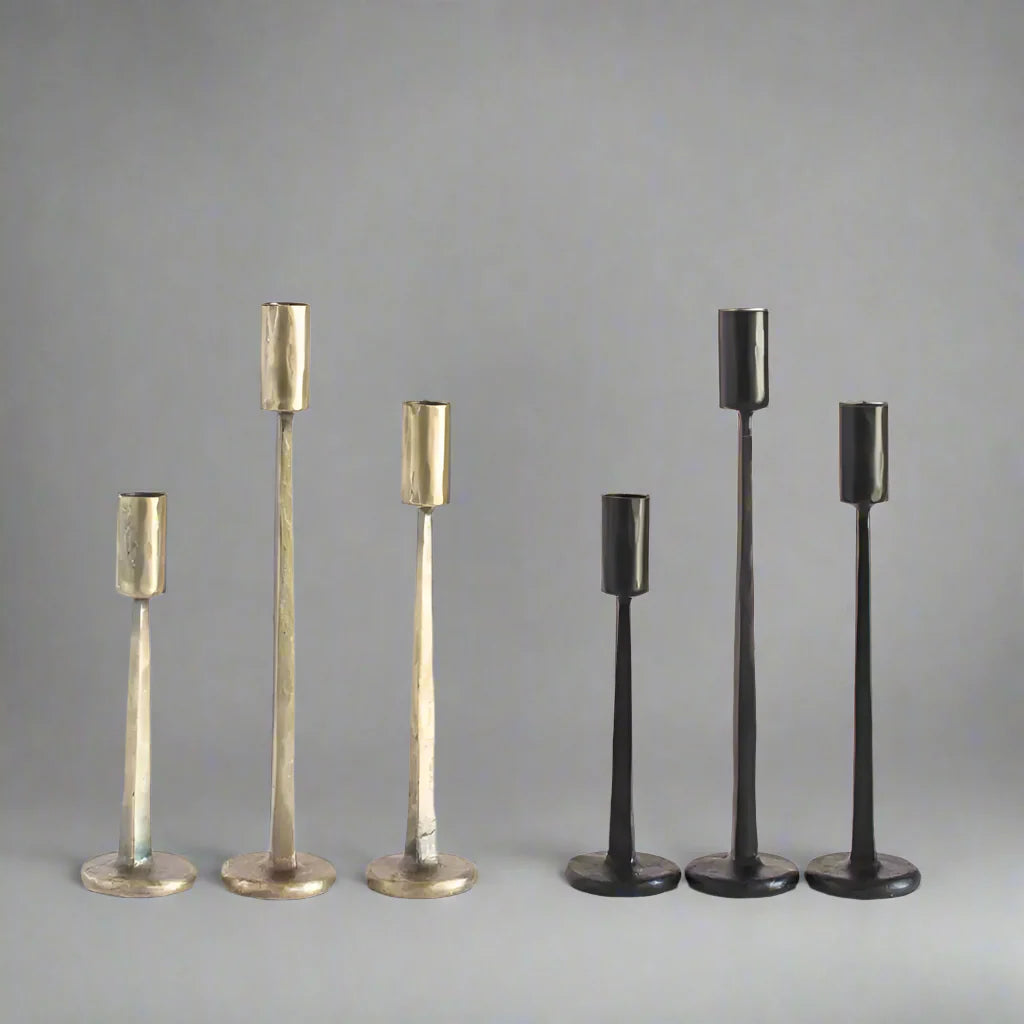 Elegant hand forged iron candle stands in gold and black finishes for stylish decor