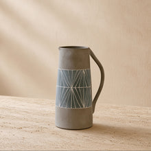 Matte gray hand-painted terracotta table pitcher with geometric white line pattern and curved handle for table vase sets