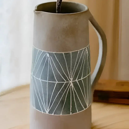 Tall hand-painted terracotta table pitcher with geometric pattern band for table vase sets