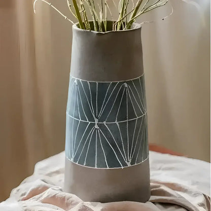 Tall grey ceramic table pitcher with hand-painted terracotta geometric pattern
