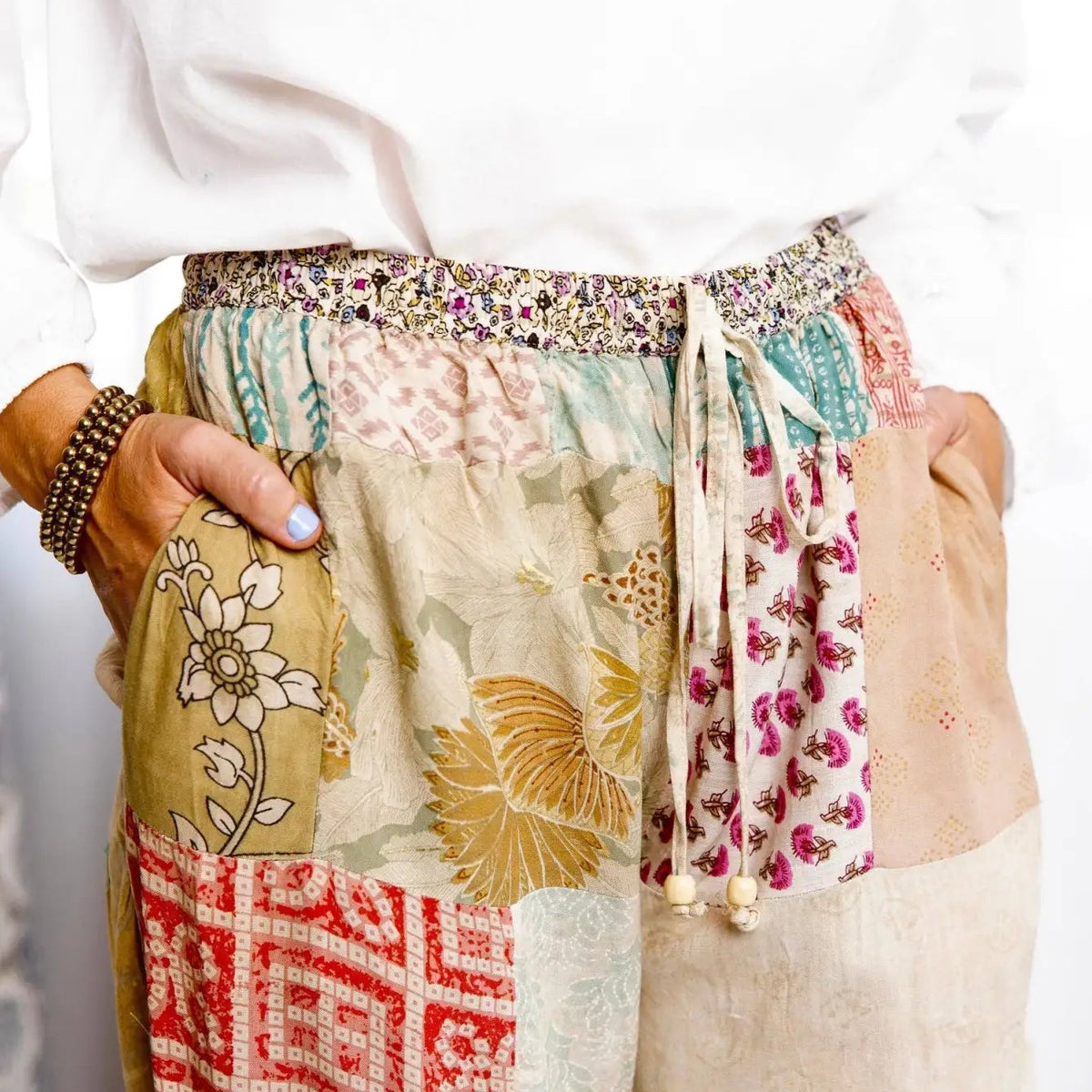 Hand-stitched lightweight eco-friendly patchwork lounge pants with boho floral patterns