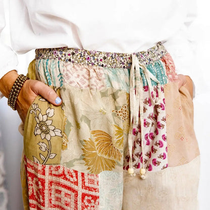 Hand-stitched lightweight eco-friendly patchwork lounge pants with boho floral patterns