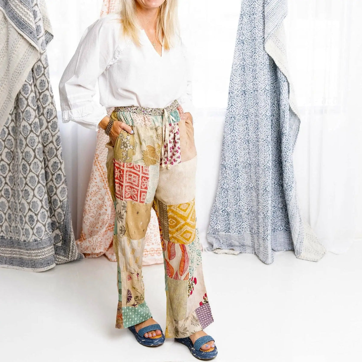 Hand-stitched lightweight eco-friendly patchwork lounge pants with colorful high-waist patterns