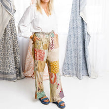 Hand-stitched lightweight eco-friendly patchwork lounge pants with colorful high-waist patterns