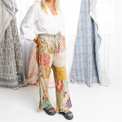 Hand-stitched lightweight eco-friendly patchwork lounge pants in floral patterns