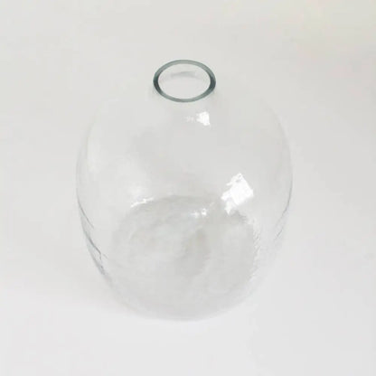 Clear handblown hammered glass vase with narrow opening, eco-friendly recycled glass