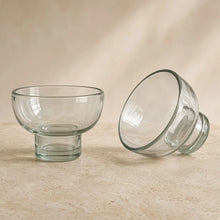 Clear handblown mexican glasses with short stems and rounded rims perfect for mezcal tasting and laid-back cocktails