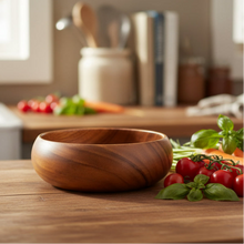 Handcrafted acacia wood round salad bowl with smooth finish rich brown color and visible grain patterns