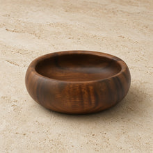 Handcrafted acacia wood round salad bowl with a smooth rich brown finish and natural wood grain pattern