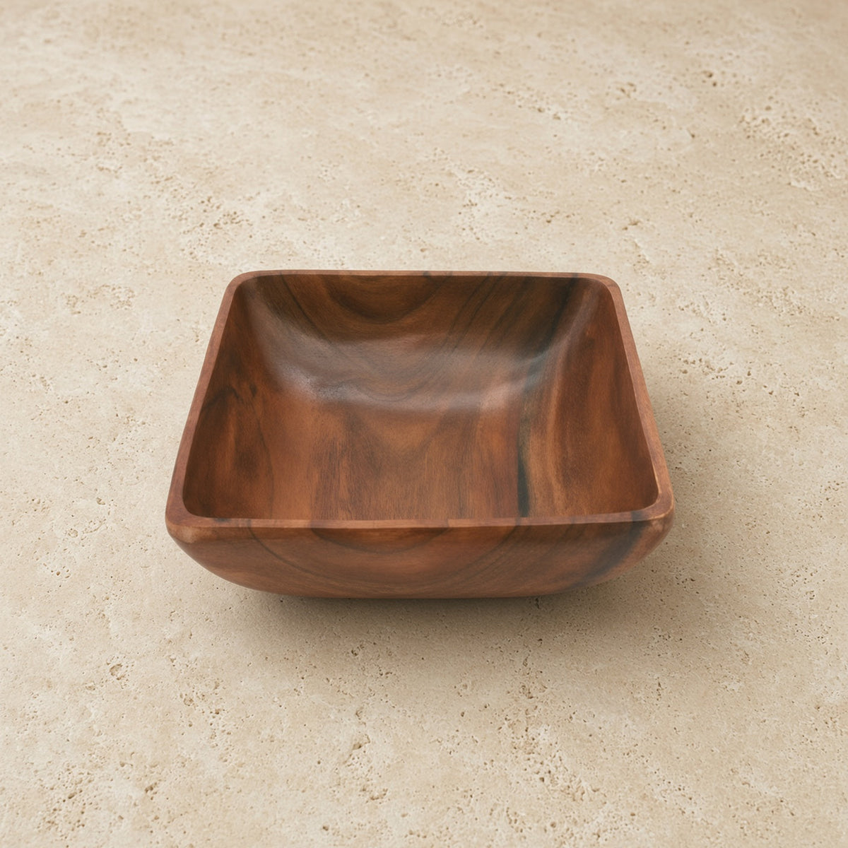 Handmade acacia wood salad bowl with a warm brown finish and natural grain in a square shape for serving