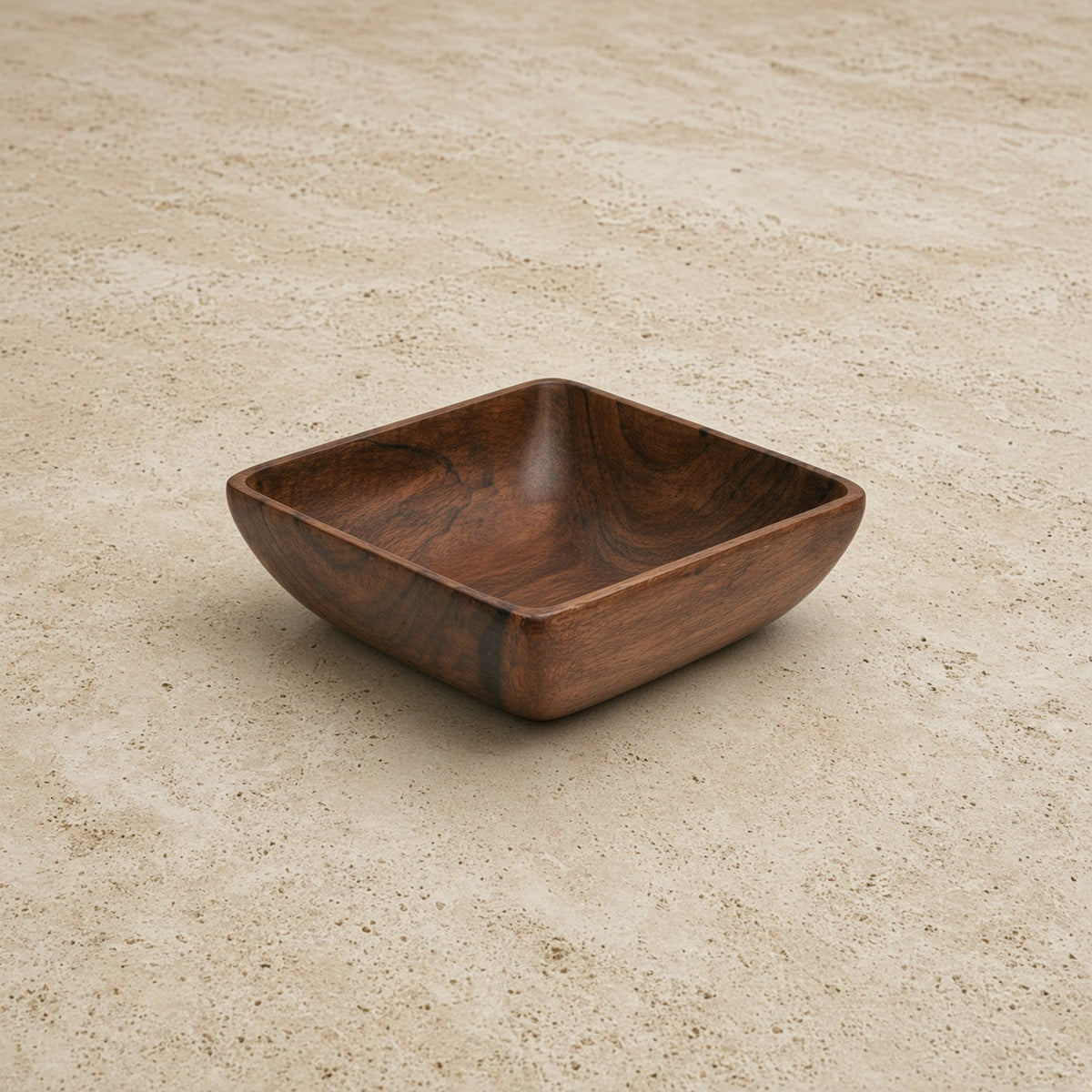 Handmade acacia wood square salad bowl set of 4 with rich dark brown finish and natural wood grain texture