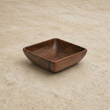 Handmade acacia wood square salad bowl set of 4 with rich dark brown finish and natural wood grain texture