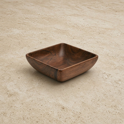 Handmade acacia wood square salad bowl set of 4 with rich dark brown finish and natural wood grain texture