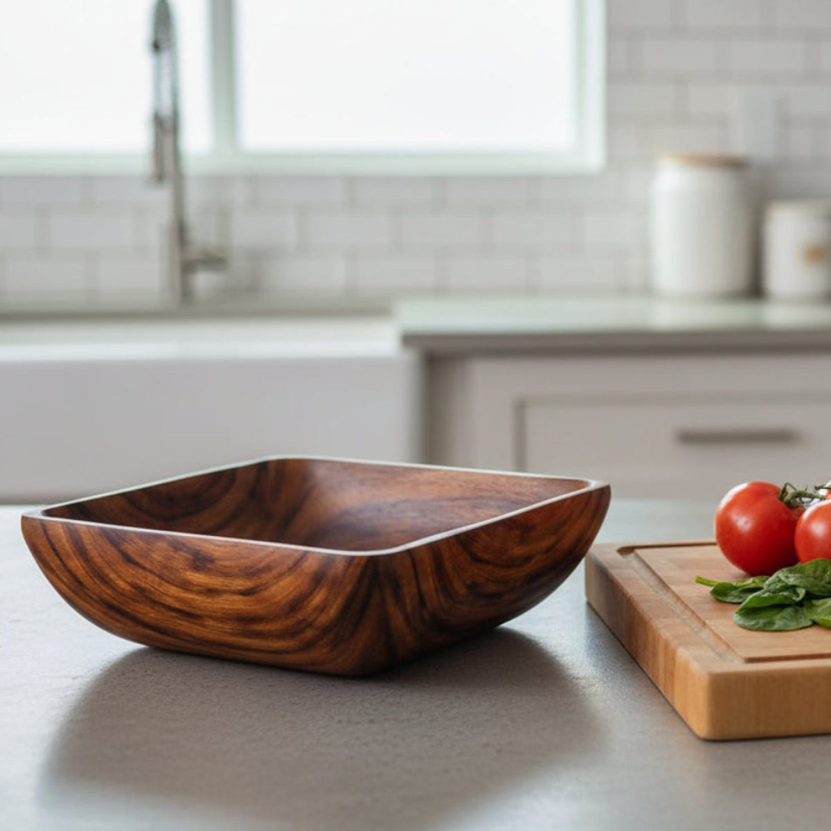 Handcrafted acacia wood square salad bowl with rich dark brown wood grain and smooth rounded edges
