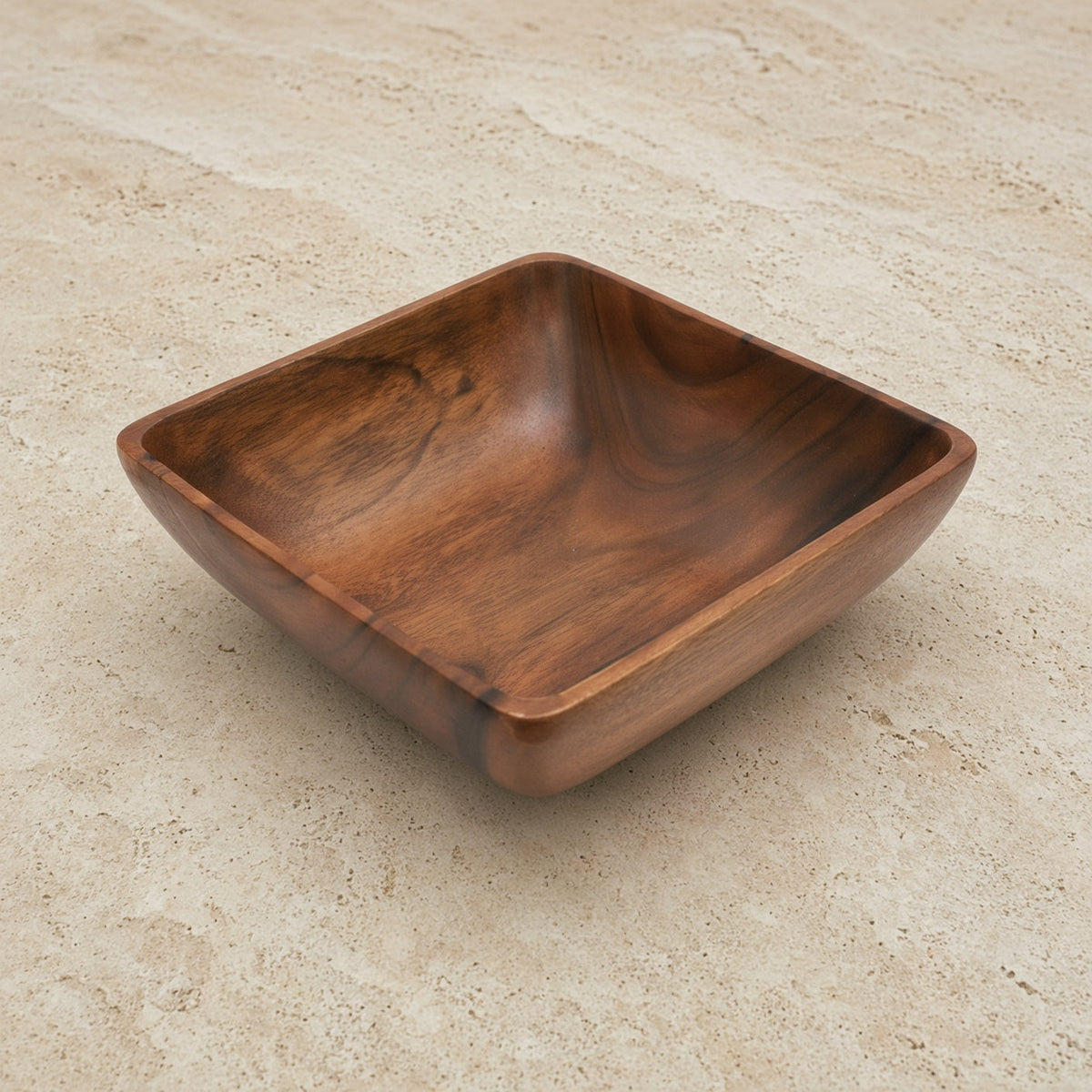 Handcrafted acacia wood square salad bowl with warm brown finish and natural wood grain visible