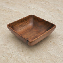 Handcrafted acacia wood square salad bowl with warm brown finish and natural wood grain visible