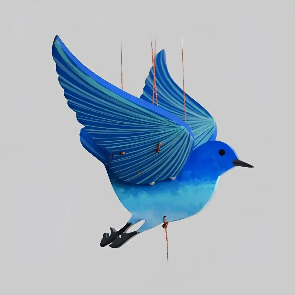 Handcrafted blue bird flying mobile with vibrant wooden small blue bird and detailed feathers for happiness creates ethical decor