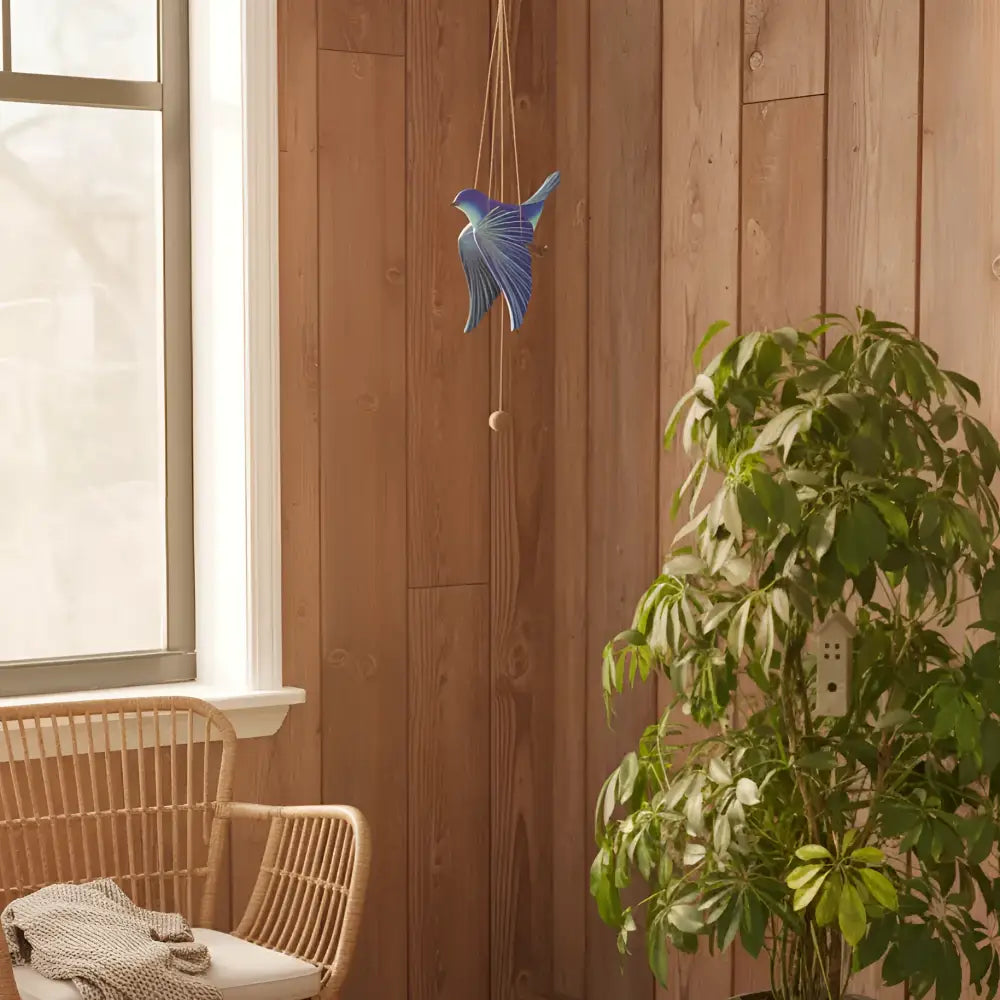 A handcrafted blue bird flying mobile features a blue bird wind chime with a metallic finish hanging on a wooden wall