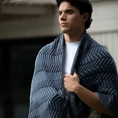 Handcrafted blue herringbone knit shawl with textured chevron pattern