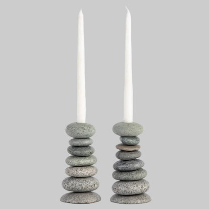 Handcrafted eco-friendly gray stone candle holder set with white candles for rustic decor