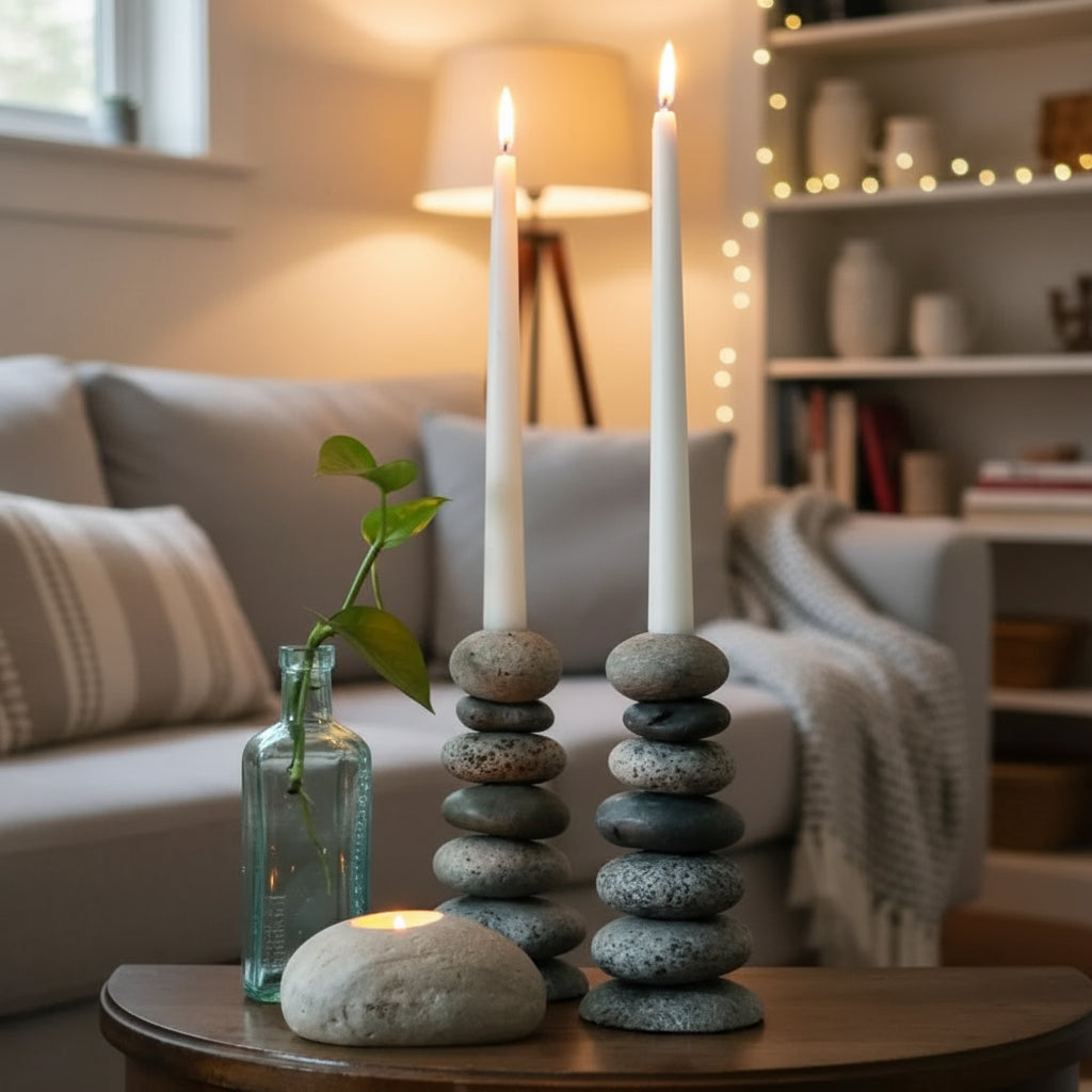 Handmade gray stone candle holder with white candles, eco-friendly rustic decor