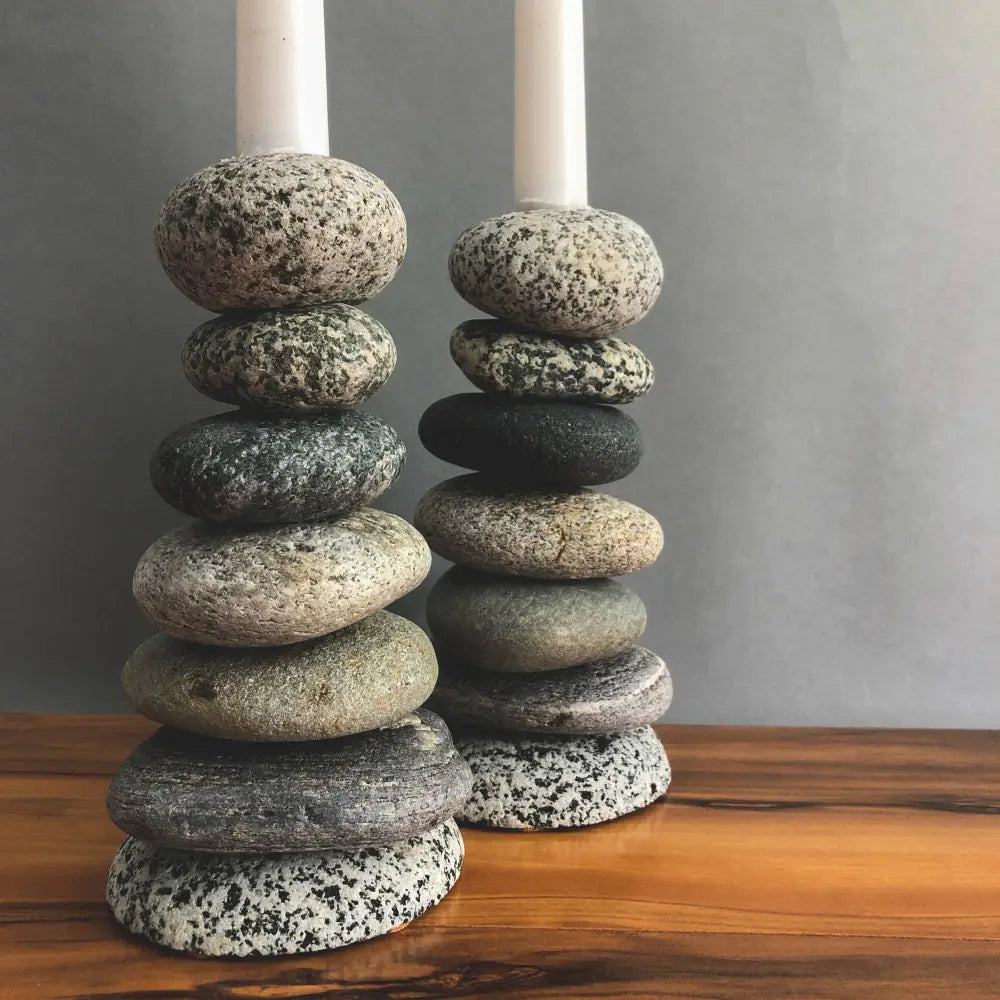 Handmade eco-friendly stacked river rock candle holder set in natural gray and black