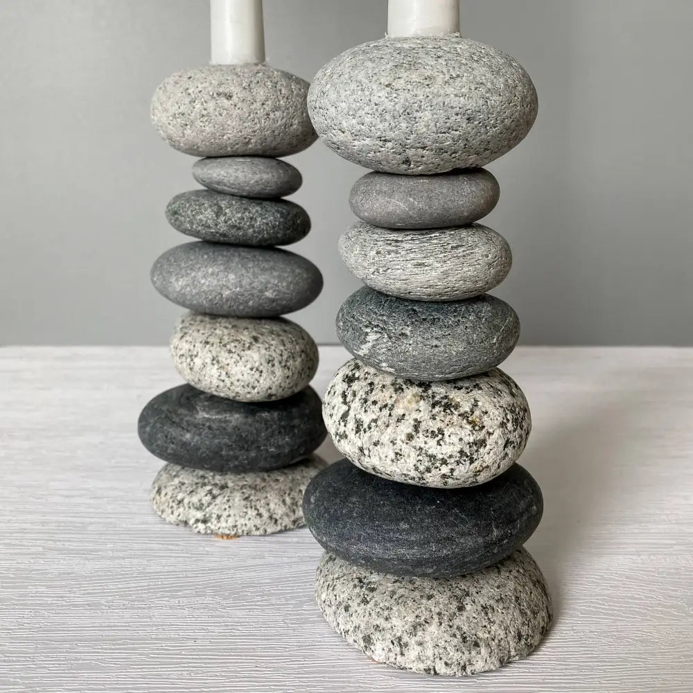 Handcrafted eco-friendly stone candle holder set with natural gray and white speckled stones