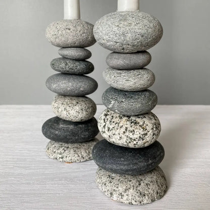 Handcrafted eco-friendly stone candle holder set with natural gray and white speckled stones