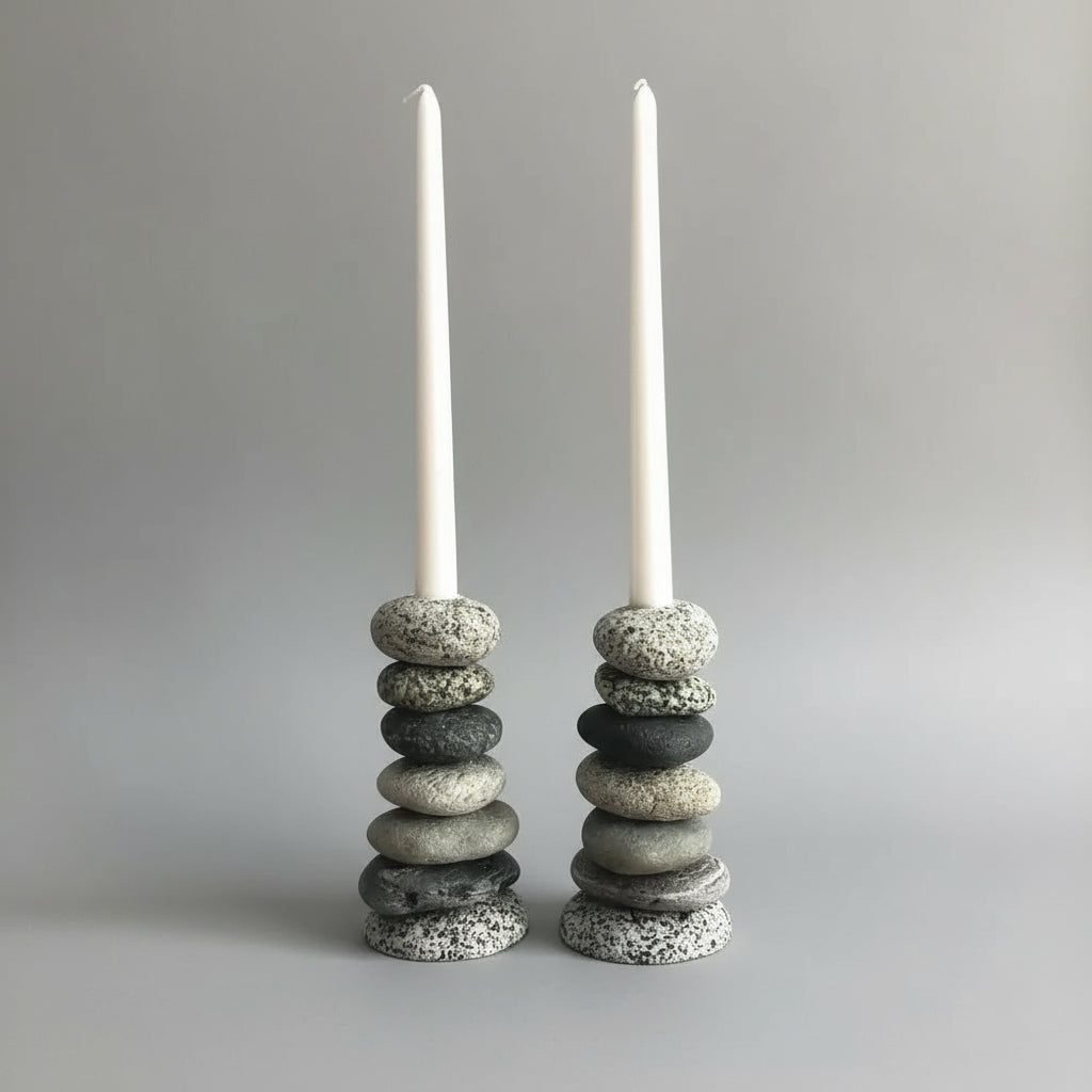 Handmade eco-friendly Cairn Stone Candle Holder with white candles and natural stones