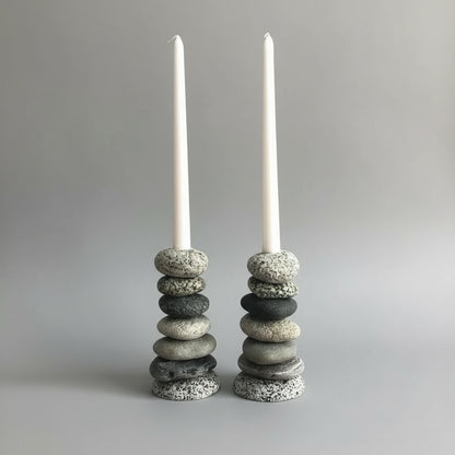 Handmade eco-friendly Cairn Stone Candle Holder with white candles and natural stones
