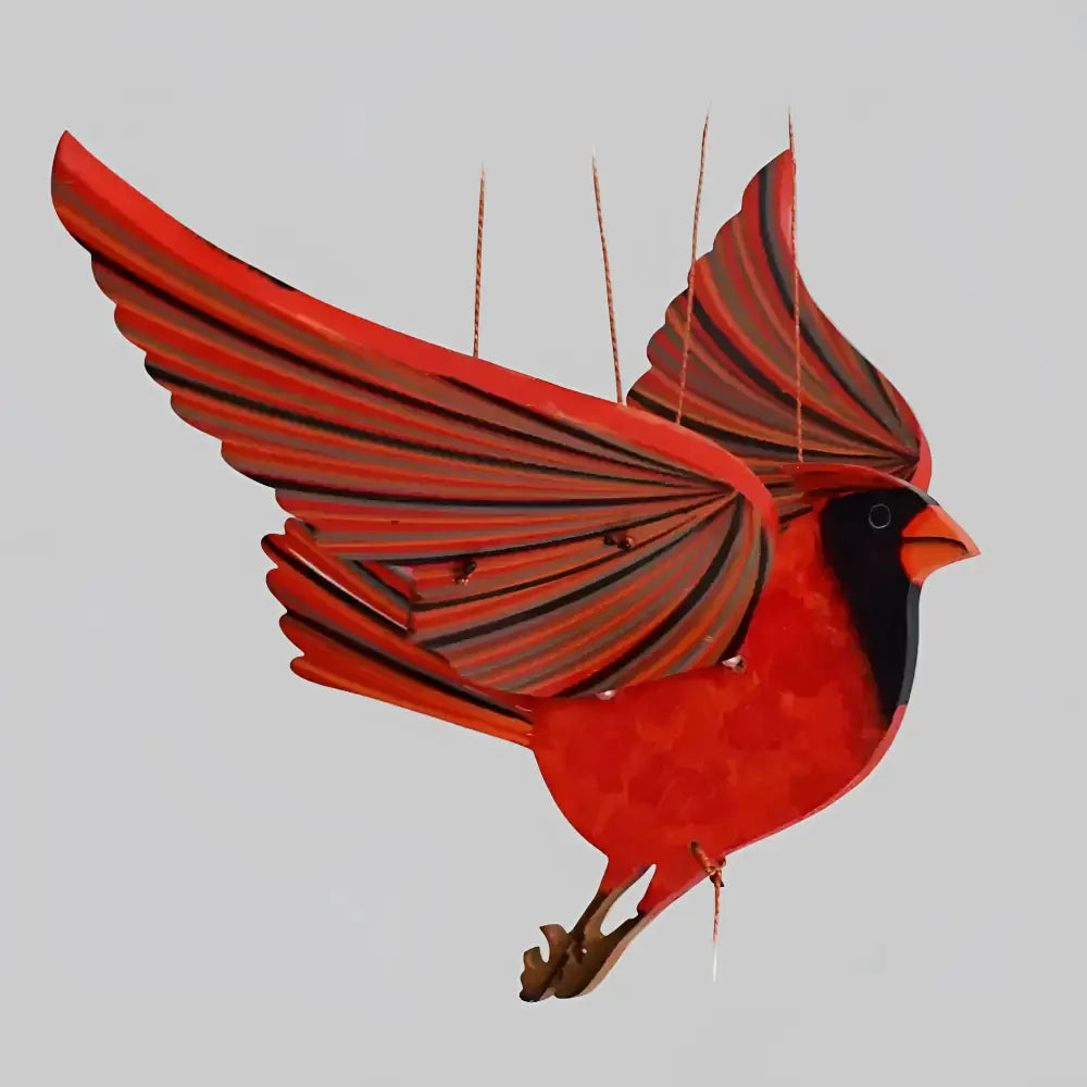 Handcrafted cardinal flying bird mobile with vibrant red wooden cardinal mobile featuring playful flutter and perfectly balanced design