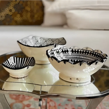 Handcrafted ceramic bowl set from Safi, Morocco with black geometric patterns
